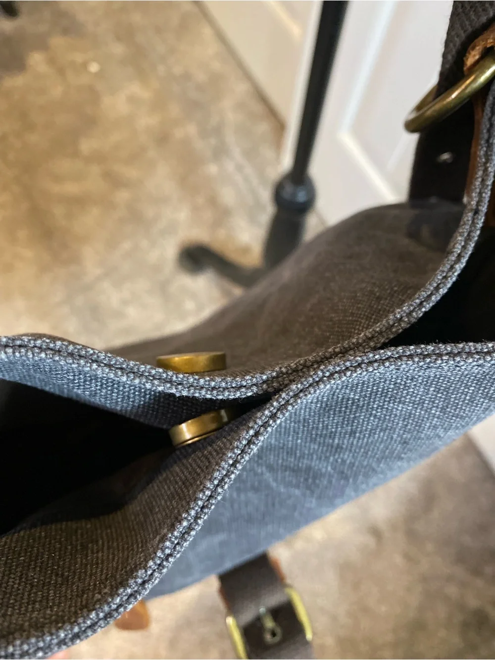 Gray Canvas Messenger Bag with Brown Leather Trim